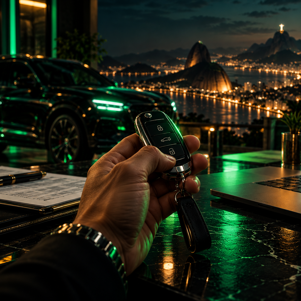 Chave de veículo entregue com o Rio de Janeiro ao fundo